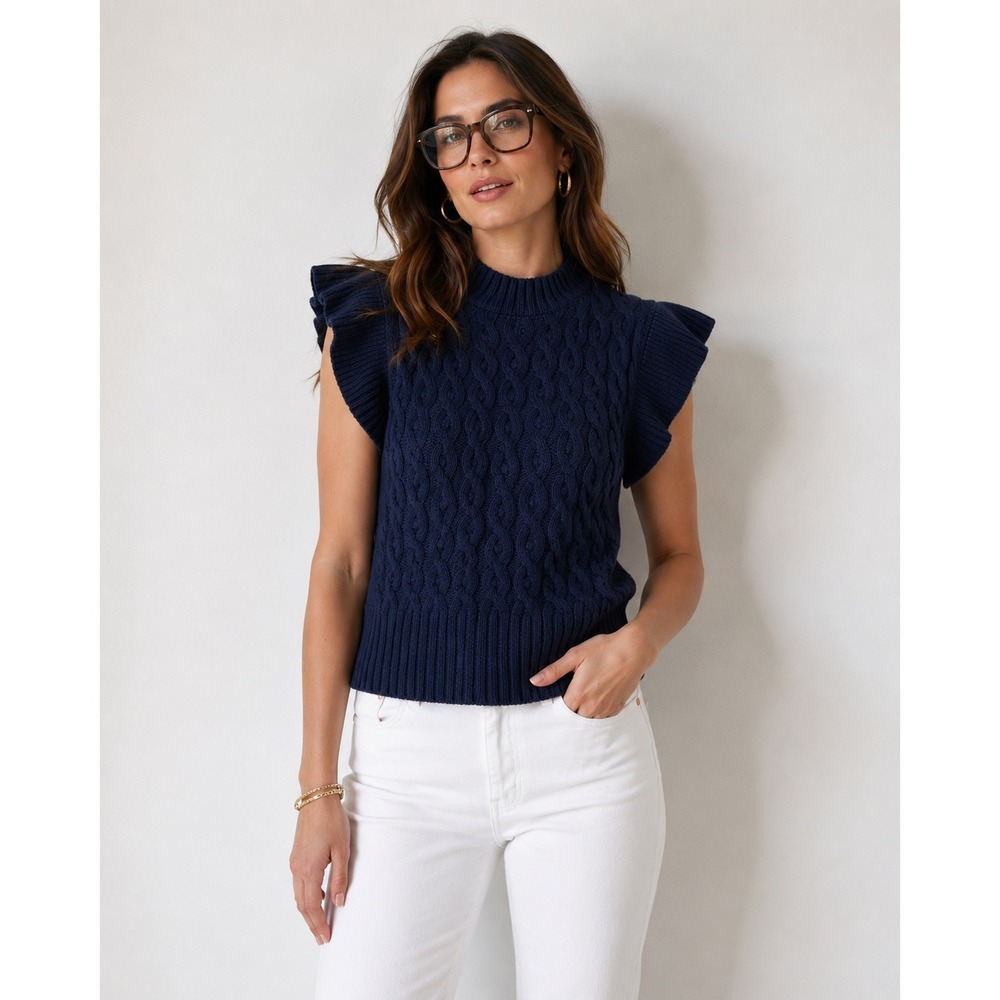 On 34th Cable Knit Sweater Vest Navy Blue Ruffle Sleeve Mock Neck /‎ XL